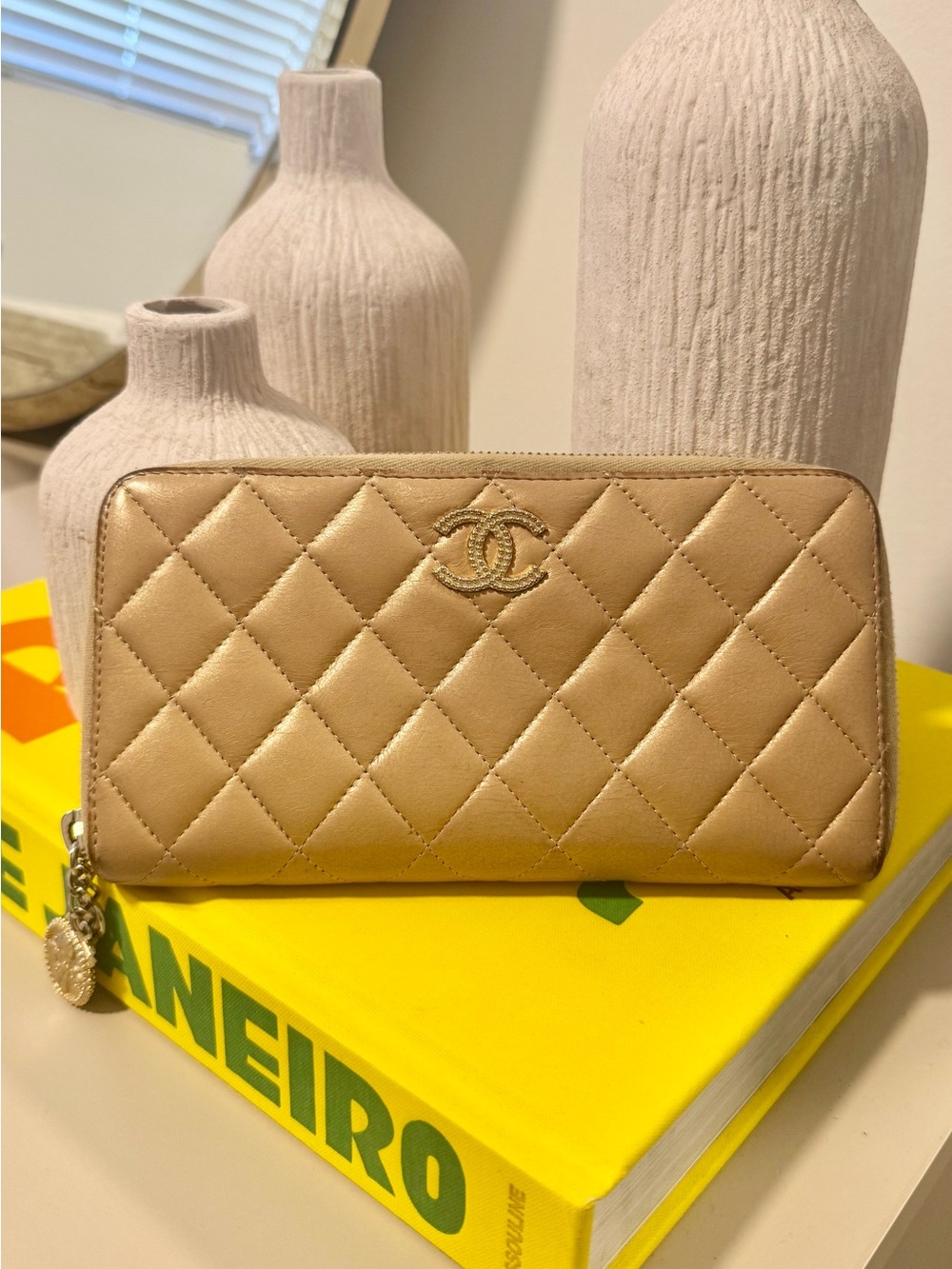 CHANEL Quilted Zip-Around Wallet in Beige with Pearl CC